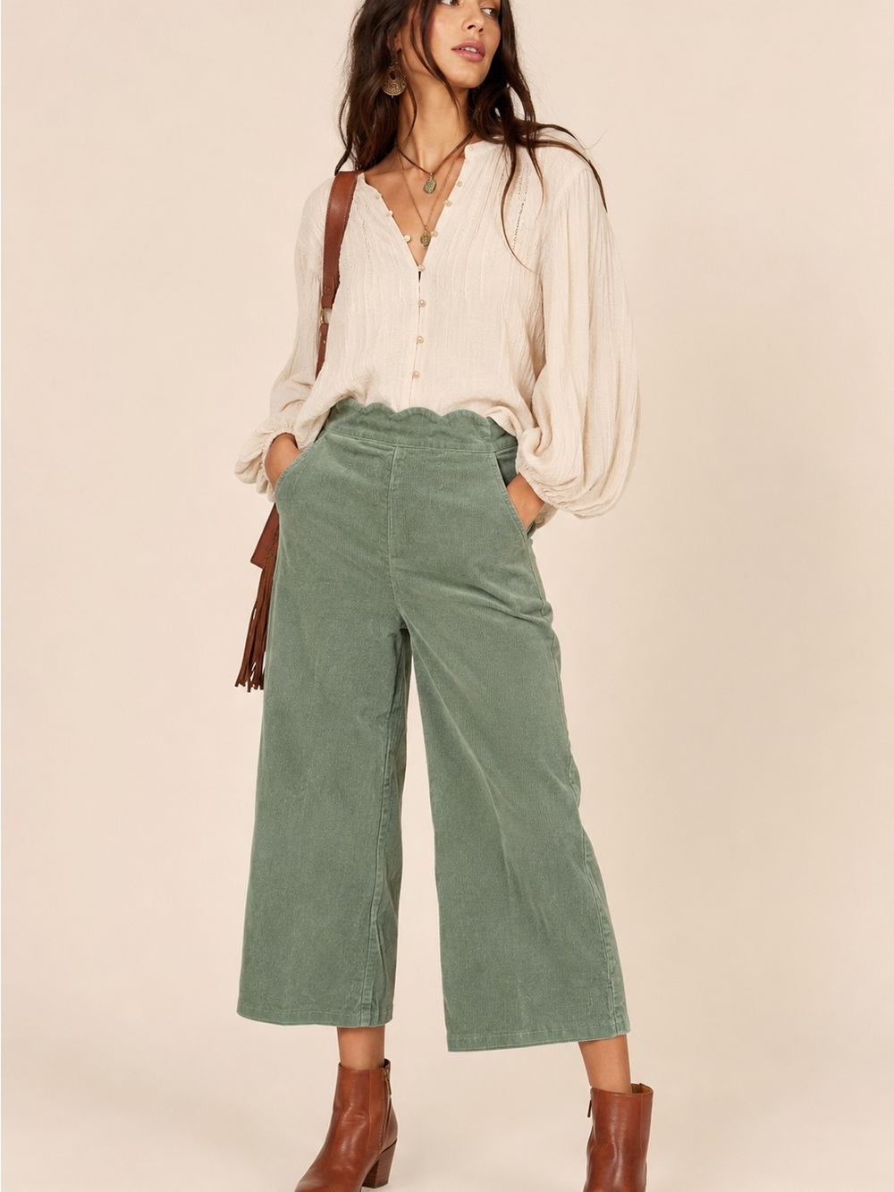 Bp Green Wide-Leg Corduroy Crop Pants Paperbag Waist Boho Chic
